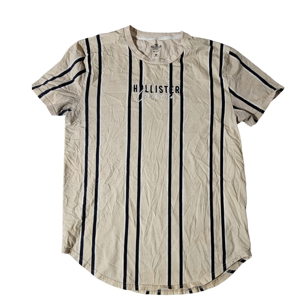Hollister Mens Vertical Stripe Graphic T-Shirt Cream Navy Blue Medium Curved Hem